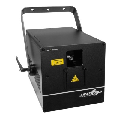 Equipamento de laser preto LASERWORLD com etiquetas de aviso amarelas