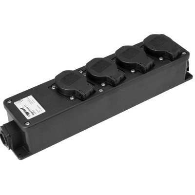 Multiplicador de tomadas elétricas preto com quatro tomadas e tampa de proteção.