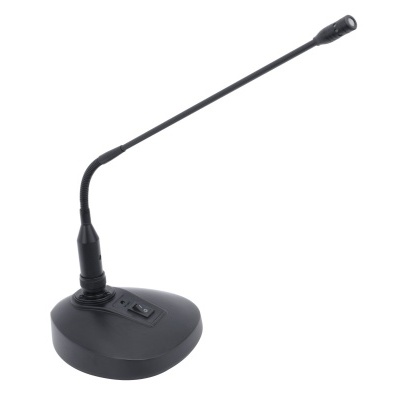 Microfone de mesa preto com base redonda e haste flexível