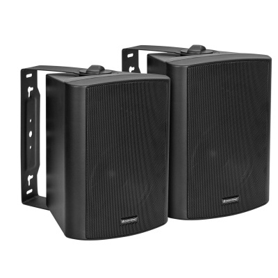 Par de colunas pretas de parede com grelha frontal em malha e suporte metálico