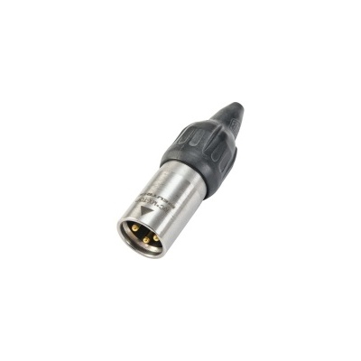 Conector XLR macho metálico com cinco pinos dourados e acabamento em plástico preto