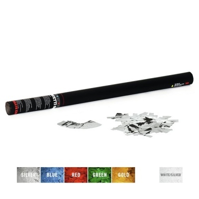 Tubo preto com confetis metálicos prateados e amostras de cores sob ele