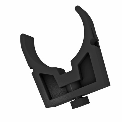 Suporte preto curvo com parafuso em fundo branco