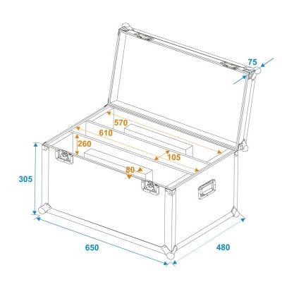 Desenho técnico de baú aberto com dimensões em milímetros