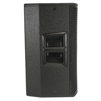 Coluna de som preta com pega integrada e acabamento texturizado