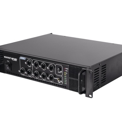 Amplificador de som preto com botões, entradas de áudio e indicador LED