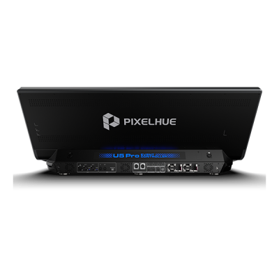 Monitor digital preto PIXELHUE vista traseira com painel azul iluminado e portas de ligação