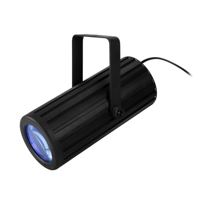 Projetor cilíndrico preto com lente azulada e suporte de metal