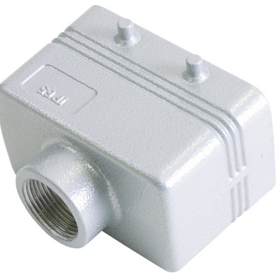 Caixa metálica cinza claro com rosca e inscrição IP66