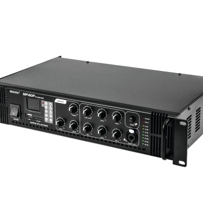 Equipamento profissional de áudio preto com botões e LEDs