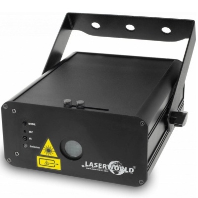 Projetor laser preto com alça e aviso de laser na frente