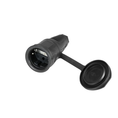 Tomada elétrica preta com tampa articulada