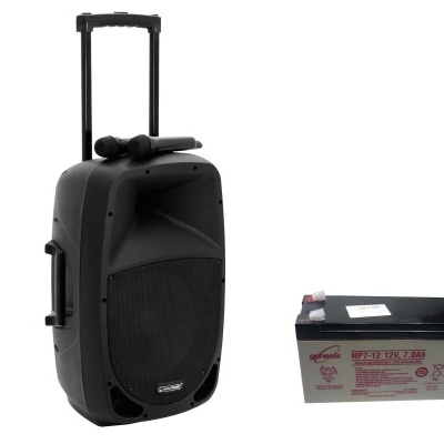 Coluna de som preta portátil com bateria cinzenta ao lado