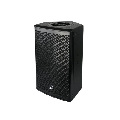 Coluna de som preta com grade metálica hexagonal