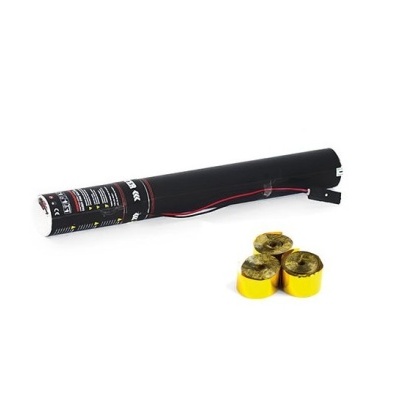 Dispositivo eletrônico preto com fios e três pequenos rolos dourados com bases amarelas sobre fundo branco