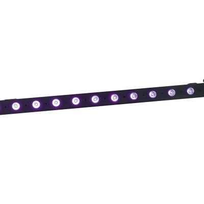 Barra de luz LED preta com 12 LEDs roxos em fundo branco