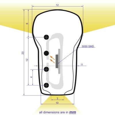 Desenho técnico de produto com medidas em milímetros e texto '5050 SMD'.