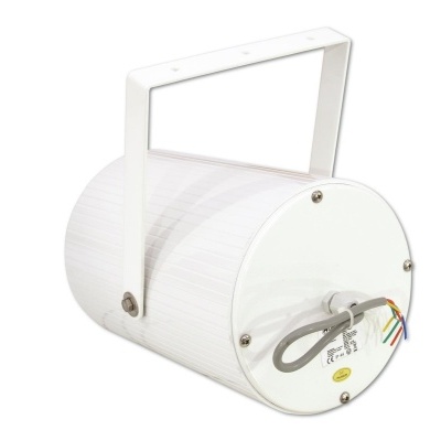 Luz de efeito circular branca com suporte metálico e cabo elétrico com fios expostos