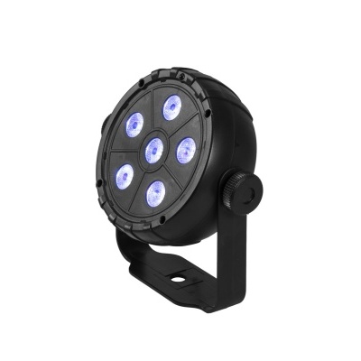 Refletor LED preto com seis luzes circulares azuis em fundo branco