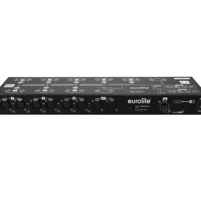 Caixa de áudio Eurolite DSP 8:2 preta com entradas e saídas XLR e texto branco