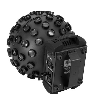 Dispositivo eletrônico esférico preto com lentes circulares e conexões em fundo branco