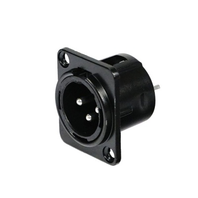 Conector macho XLR preto de três pinos com flange quadrada
