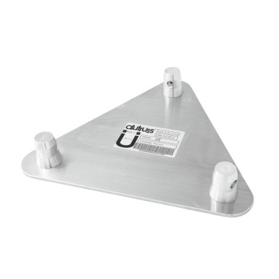 Placa triangular metálica com três pés e autocolante branco