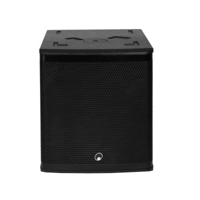 Coluna de som preta quadrada com grelha texturizada e ícone branco