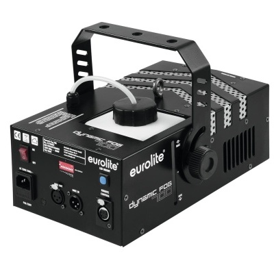 Máquina de efeitos de fumo Eurolite Dynamic Fog preta com recipiente branco e suporte ajustável