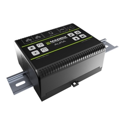 Aparelho eletrónico preto MADRIX AURA com botões e textos brancos