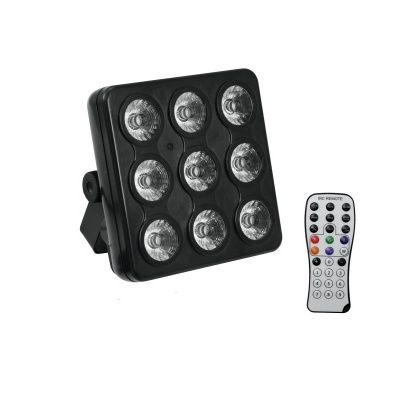 Refletor LED quadrado preto com nove luzes circulares e comando à distância branco