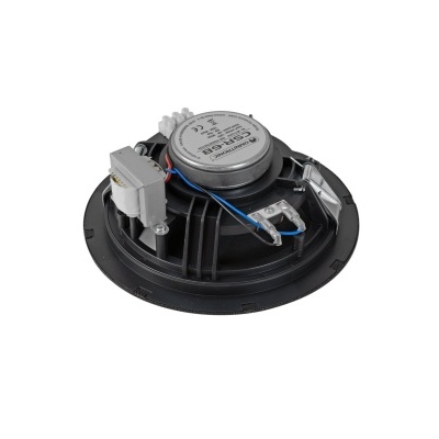 Coluna de som redonda preta com etiqueta cinza na parte traseira