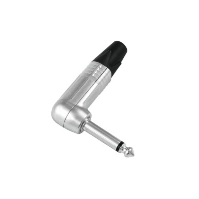 Conector de áudio metalizado prateado 6.3mm mono de ângulo reto com parte preta