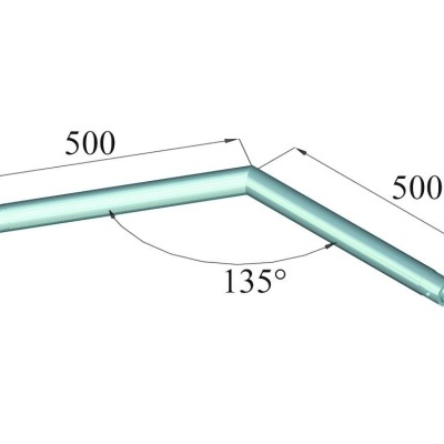 Tubo metálico azul em ângulo de 135° com medidas 500 mm cada lado