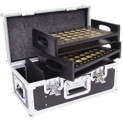 Maleta de transporte preta com bandejas empilhadas para objetos cilíndricos