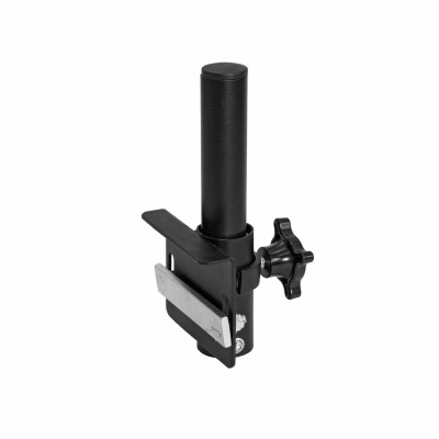 Suporte metálico preto com botão de ajuste e parte superior emborrachada em fundo branco