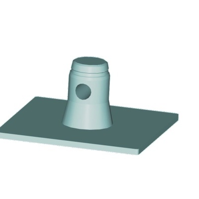 Suporte metálico cinza com base retangular e estrutura cilíndrica