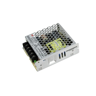 Fonte de alimentação metálica com grelha hexagonal e terminais elétricos