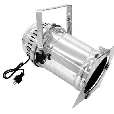 Projetor cênico metálico prateado com cabo preto e suporte ajustável