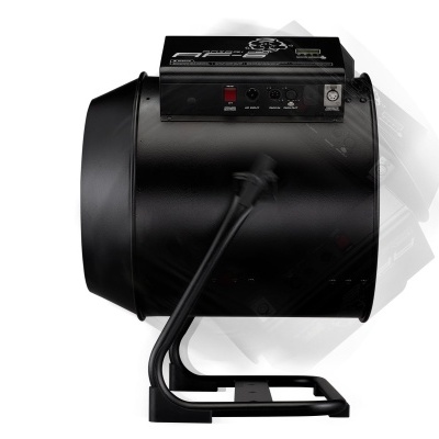 Ventoinha industrial preta com base metálica e painel de controlo