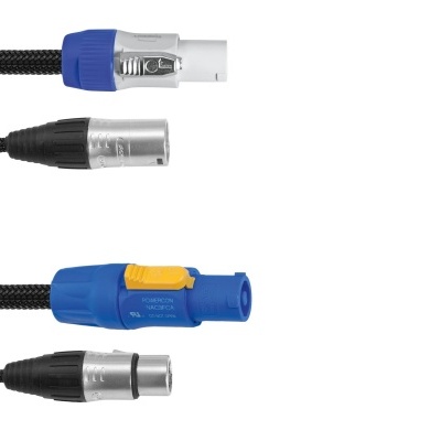 Cabo áudio com conectores XLR em preto, azul e metal prateado