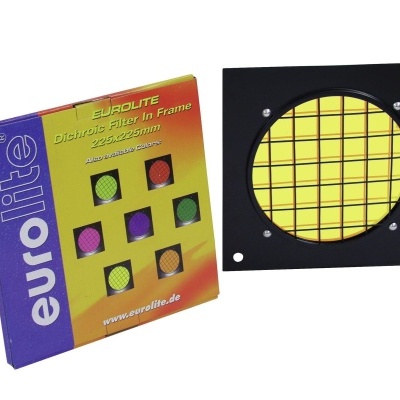 Filtro dicróico Eurolite em estrutura preta com grelha e caixa colorida com texto.