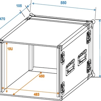 Caixa de transporte preta retangular com fechaduras e medidas técnicas