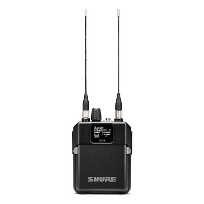 Transmissor Shure preto com duas antenas longas brancas e visor digital