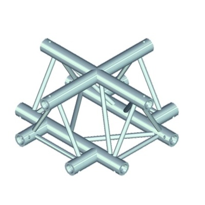 Estrutura metálica de alumínio modular com tubos cilíndricos prateados conectados em padrão triangular