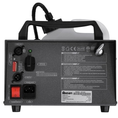 Parte traseira de dispositivo Antari preto com conectores e etiquetas