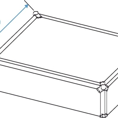 Desenho técnico de caixa retangular de metal cinzento com dimensões marcadas