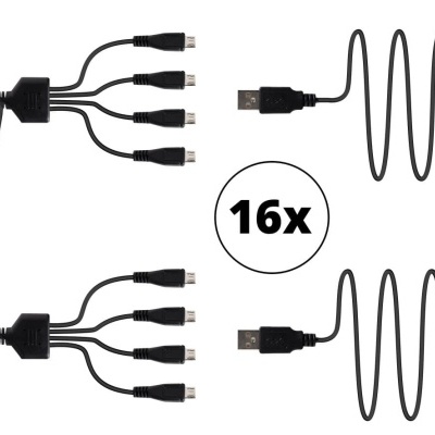 Cabos USB com múltiplos conectores e texto 16x no centro