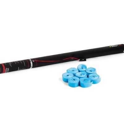 Tubo preto cilíndrico com texto e oito rolos azuis de fita sobre fundo branco