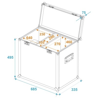 Caixa de armazenamento branca com tampa aberta e dimensões técnicas em milímetros